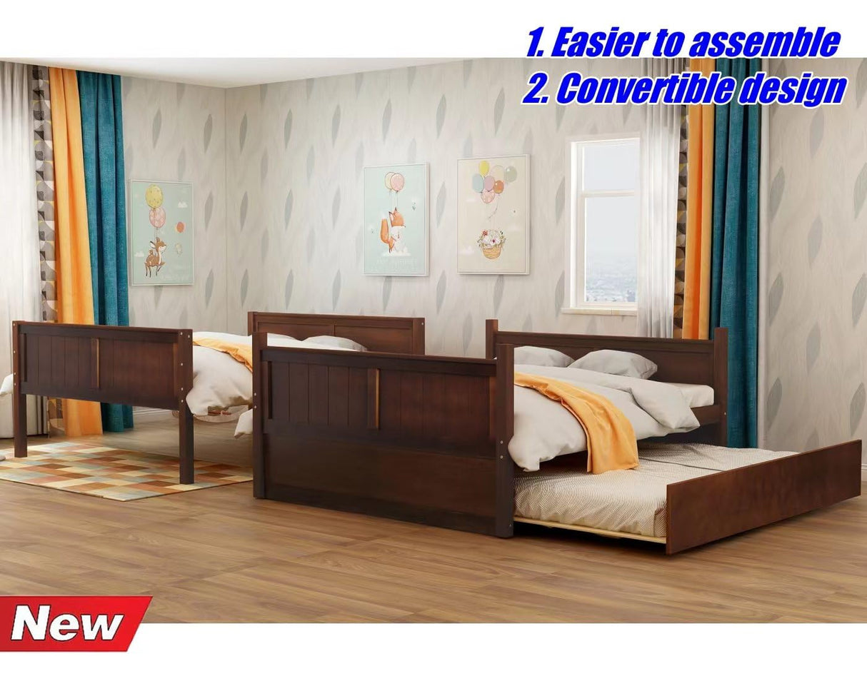 TSAMPA Latest Upgraded & Stronger Convertible Solid Wood Full Over Full Bunk Bed with Trundle, More Stable Thicken Heavy Duty Bunk Bed Frame Full Over Full Size Bunkbed (Easier to Assemble) (Walnut) TSAMPA