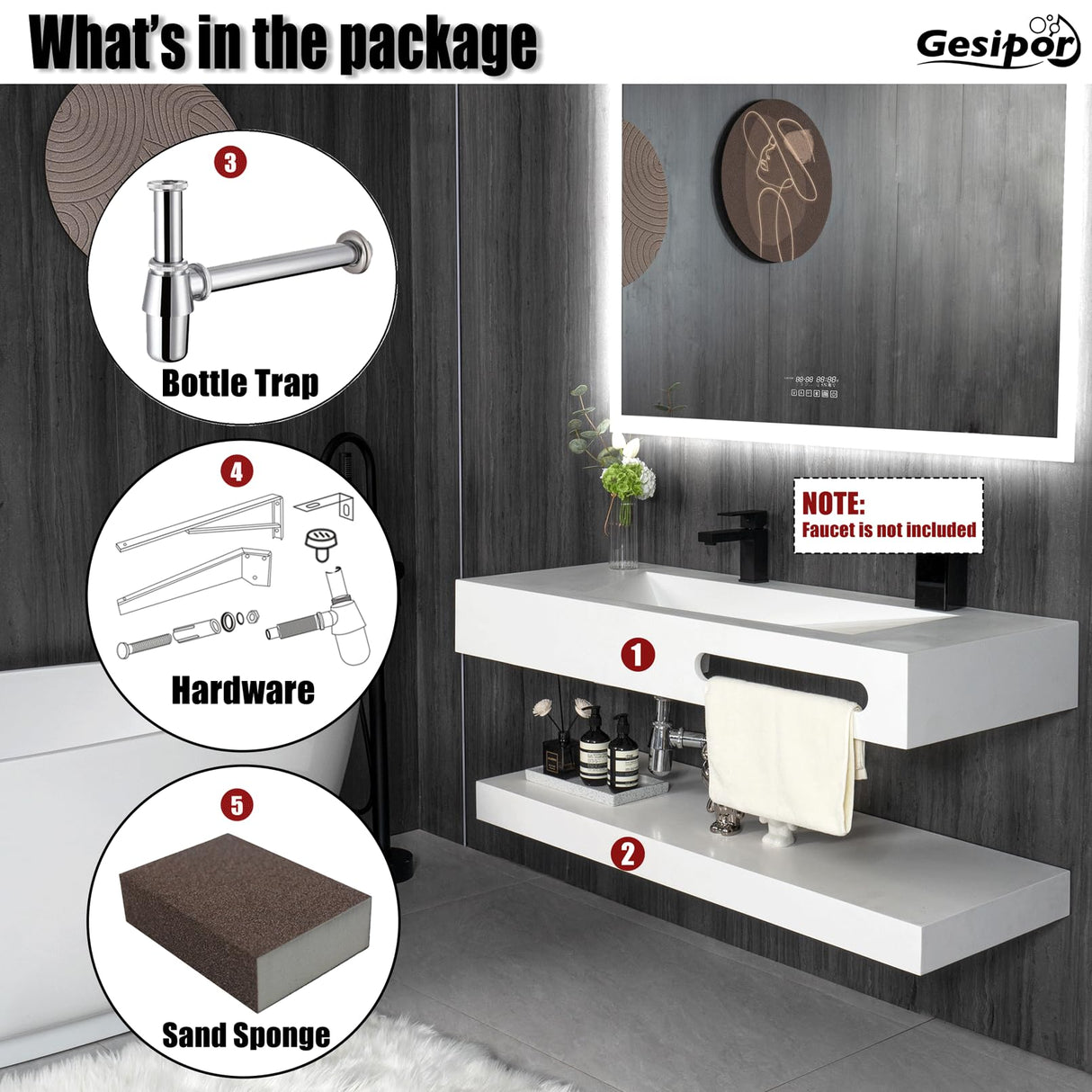 Gesipor 48"x19" Wall-Mount Stone Resin Bathroom Sink Rectangular Vessel Sinks for Bathroom Floating Vanity Sink Trough Modern Art Basin with Shelf Layer GESIPOR