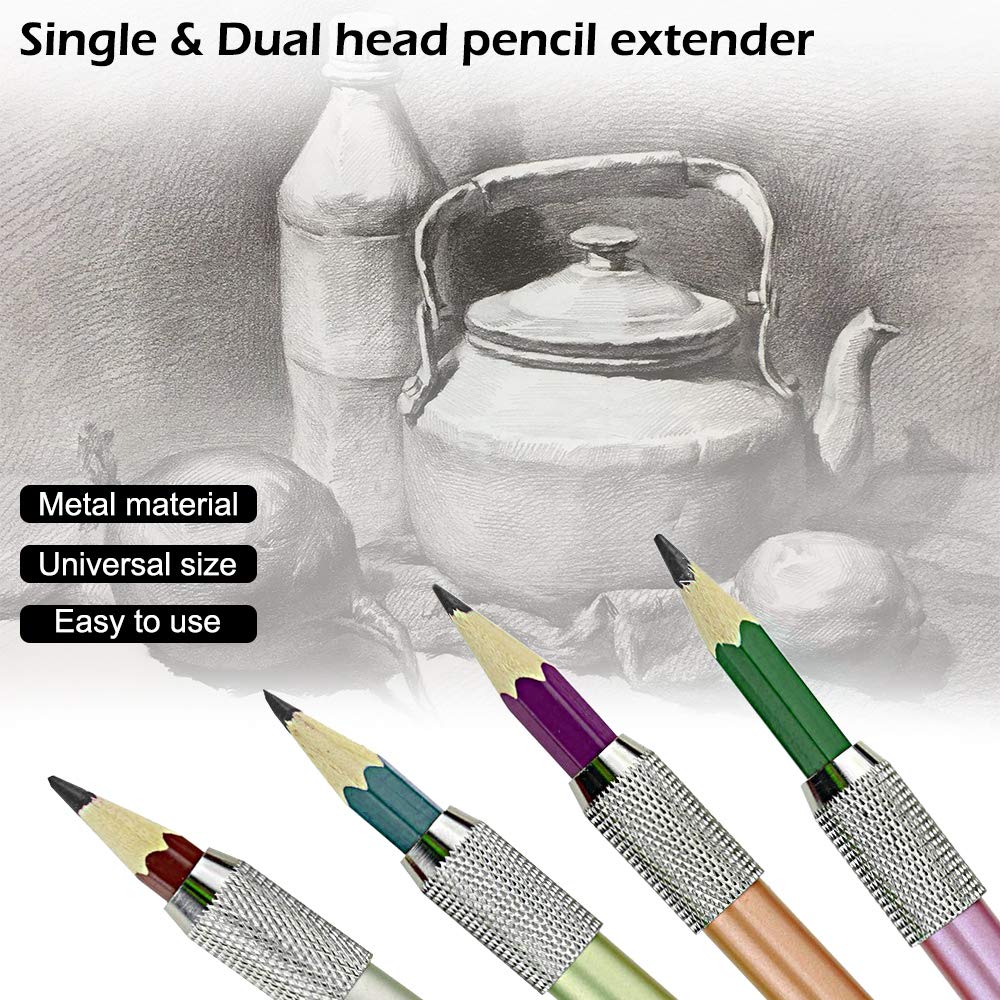 8 pcs Pencil Extenders, FineGood One Head & Dual Head Metal Handle Pen Holder Lengthener, School Office Supplies Art Writing Tool FineGood