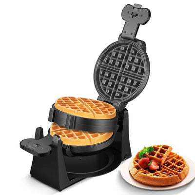 Waffle Maker, 1400W Double Belgian Waffle Iron 180° Flip, 8 Slices in 3 Mins, Rotating & Nonstick Plates, Anti-Scald, Removable Drip Tray Easy to Clean, Cool Touch Handle, Space-Saving Storage(Black)