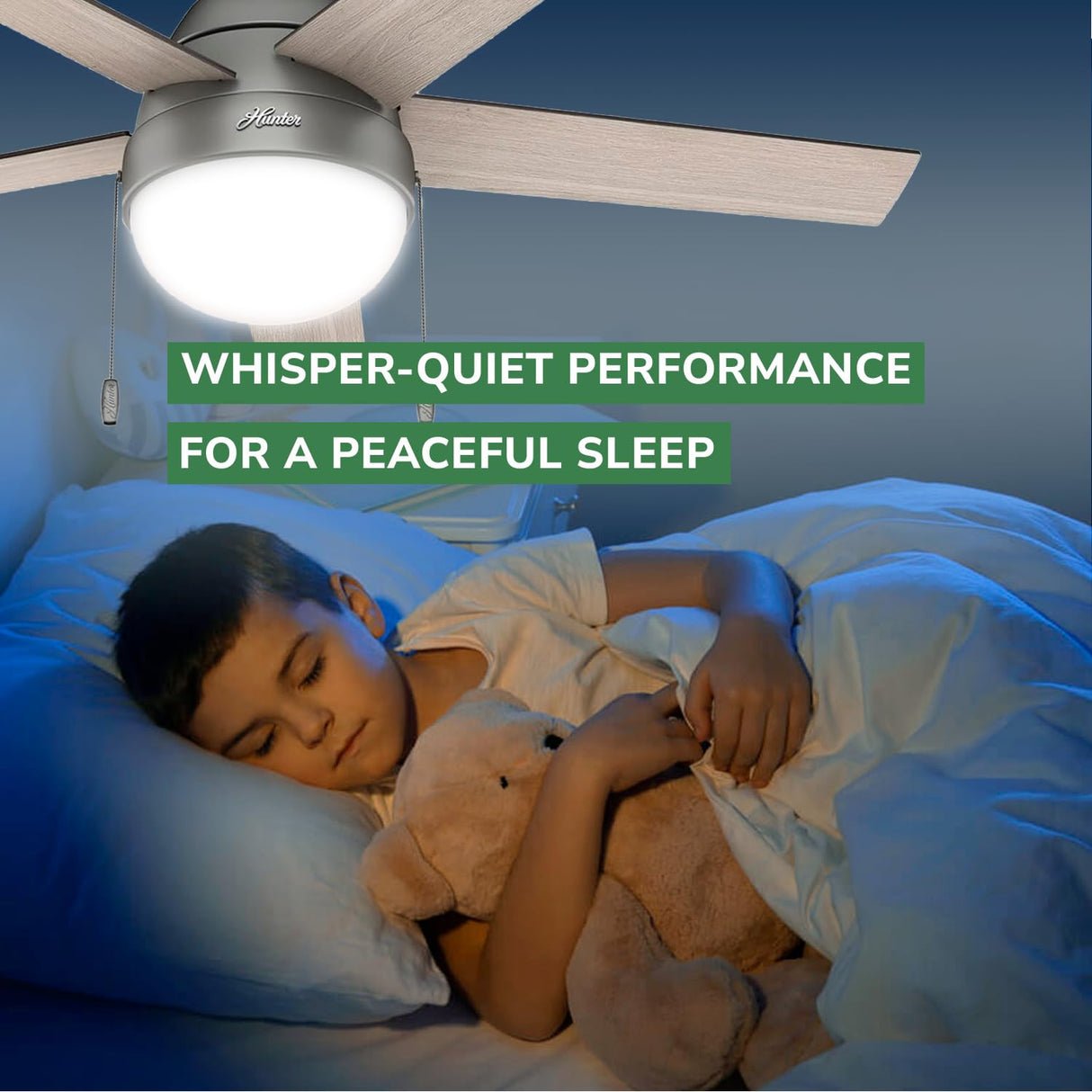 Hunter 59270 Anslee Indoor Low Profile Ceiling Fan with LED Light and Pull Chain Control, 46", Matte Silver Finish Hunter