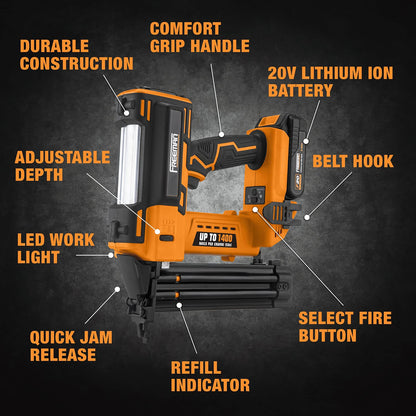 Freeman PE20VBR50 20 Volt Cordless 18-Gauge 2" Brad Nailer Kit with Lithium Ion Battery, Charger, Bag, and Nails (500 Count) – 1400 Shots per Charge - WoodArtSupply