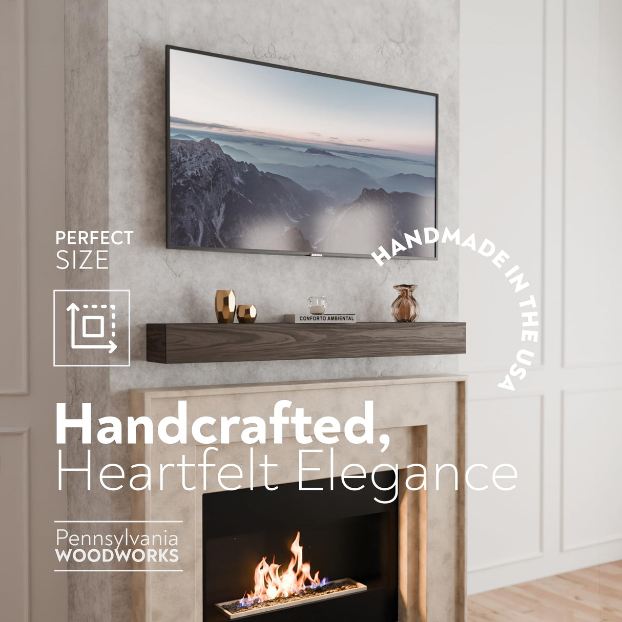 Pennsylvania Woodworks Fireplace Mantel, Handmade in The USA, OAK WOOD Wall-Hanging Mantel Shelf, Farmhouse Wall Shelf Design, Easy to Mount and Heavy Duty, 60 in, Large, Pristine White Pennsylvania Woodworks