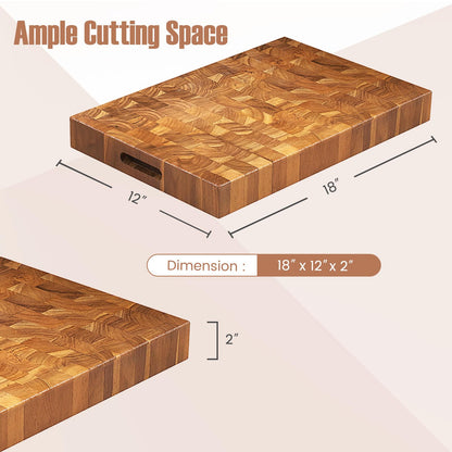 Giantex Teak Wood Cutting Board, 2" Thick End Grain Chopping Block with Hand Grip, 18"x12" Large Reversible Butcher Block, Pre-Conditioned With Natural Waxes & Oils, Carving Board for for Meat Cheese