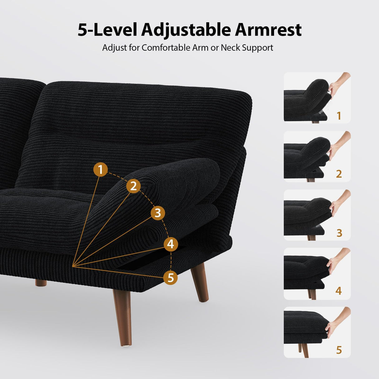 PERLECARE Convertible Futon Sofa Bed, 66" Corduroy Futon Couch with Adjustable Backrest and Armrests, 3-in-1Recliner Sleeper Sofa for Small Spaces, Play Room,Living Room or Office（Black，66 in） PERLECARE