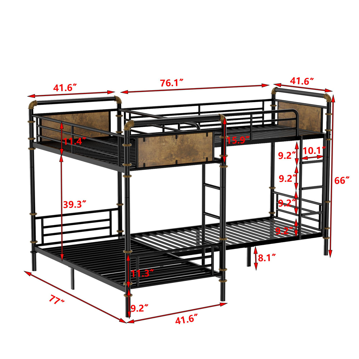 KEIKI Twin Over Twin Size Metal Detachable Quad Bunk Bed Frame with Ladders, MDF Headboard and Guardrail, for 4, L-Shaped Bunk Bed with Slats, No Box Spring Required, Easy Assembly, for Bedroom, Black KEIKI