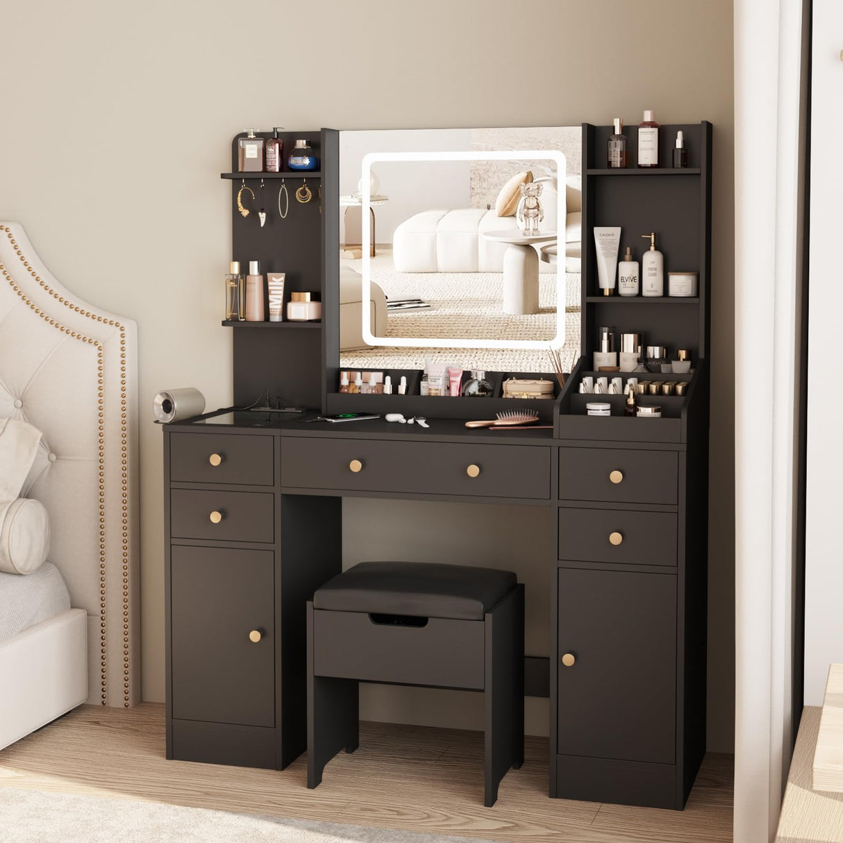 Vabches Vanity Desk with Lights, Makeup Vanity Table with Charging Station, 44.9in Big Vanity Set with 5 Drawers & Lots Storage Space, Black Vabches