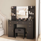 Vabches Vanity Desk with Lights, Makeup Vanity Table with Charging Station, 44.9in Big Vanity Set with 5 Drawers & Lots Storage Space, Black Vabches