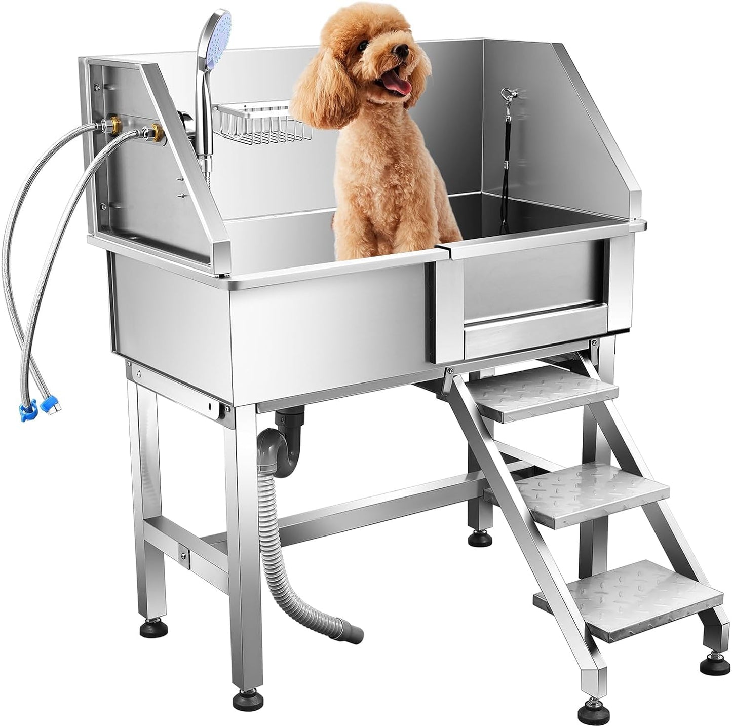 34 inch Dog Grooming Tub Station, Professional Dog Washing Station Stainless Steel Wash Shower Sink for Small Dogs with Walk-in Ramp,Sliding Door, Faucet Removable Pet Wash Station Bathtub(Right Door)