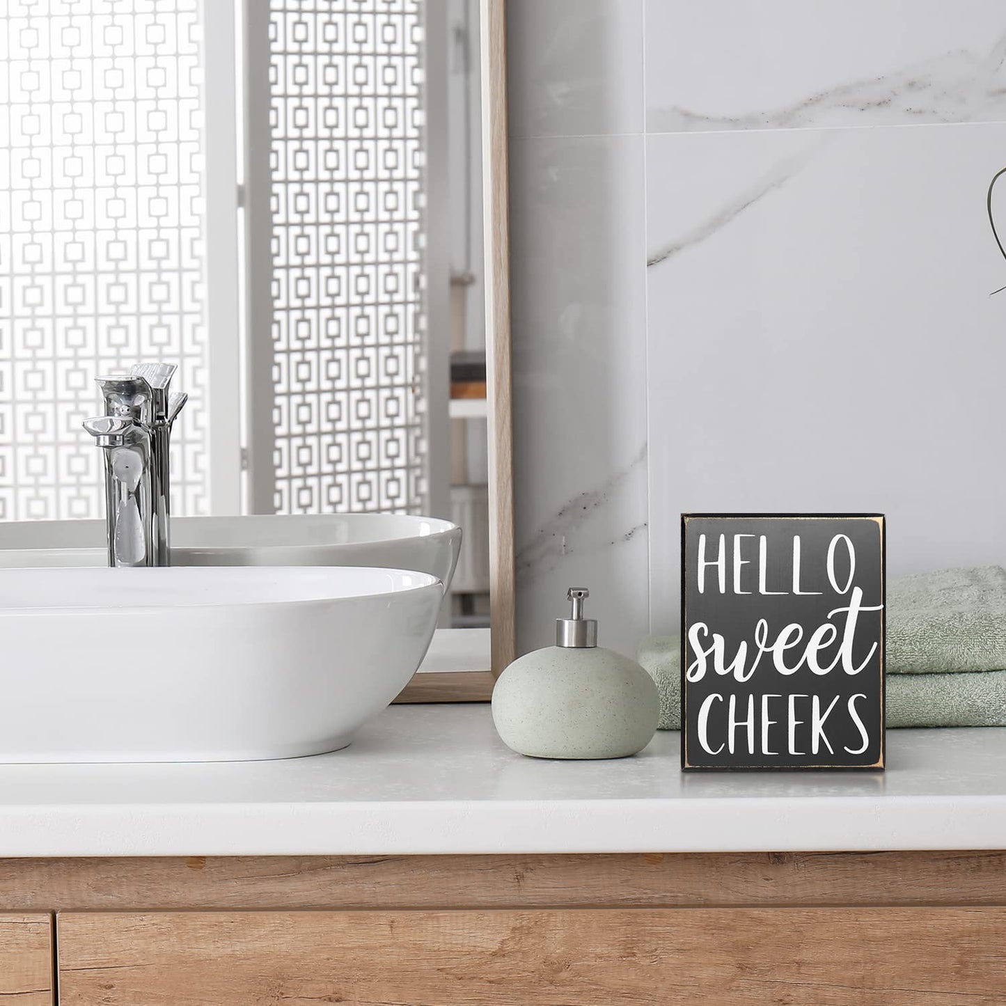 Pigort Hello Sweet Cheeks Sign - Bathroom Decor Modern Farmhouse Home Accent - Rustic Black Wood Shelf Plaque Box Sign for Women, Family, Friend 5X6X1.8 INCH