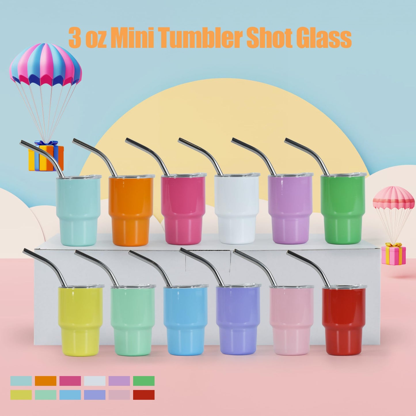 FECBK 3 oz Mini Tumbler Shot Glass with Straw and Lid 12 Pcs Sublimation Shot Glasses Tumblers Stainless Steel Mini Shot Glasses with Lids for Wedding Party Whiskey Cocktail Bar, 12 Colored