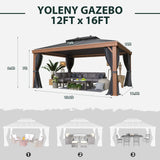 YOLENY 12' x 16' Hardtop Gazebo Faux Wood Grain Metal Gazebo with Aluminum Frame, Galvanized Steel Double Roof, Outdoor Patio Gazebo Pergolas with Netting and Curtains for Backyard, Patio, Lawns YOLENY
