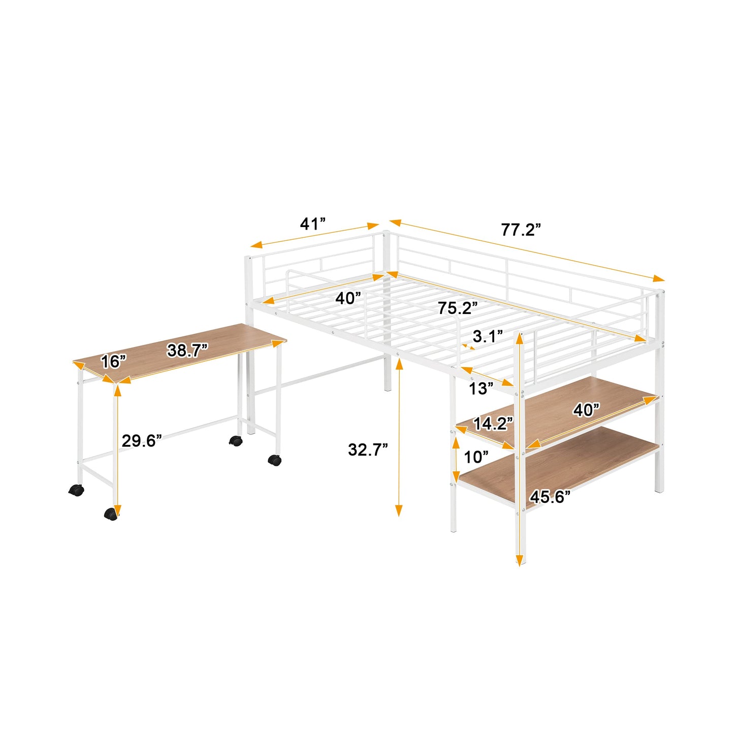 Harper & Bright Designs Low Loft Bed with Desk, Twin Size Metal Loft Bed Frame with Storage Shelves for Kids (Twin Size, White)