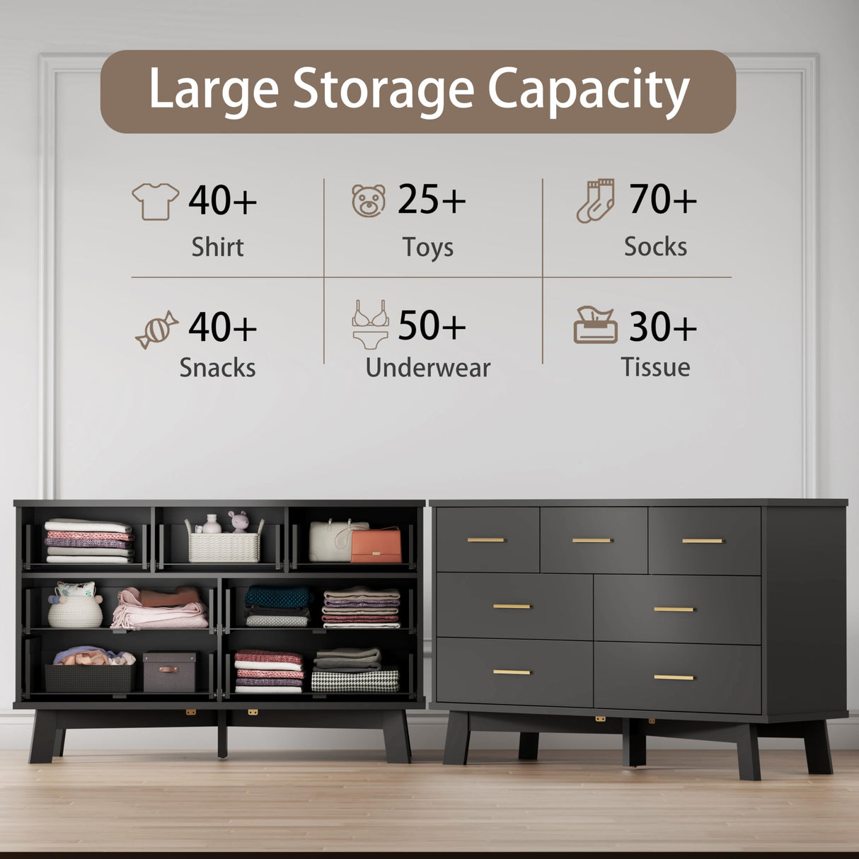 Dresser for Bedroom with 7 Drawer, Wood Modern Chest of Drawers with X-Shaped Sturdy Base, Wide Double Dresser Closet Clothes Storage Organizer, Wooden Dresser TV Stand for Living Room, Hallway, Black Xixini