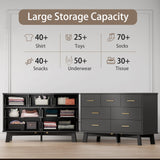 Dresser for Bedroom with 7 Drawer, Wood Modern Chest of Drawers with X-Shaped Sturdy Base, Wide Double Dresser Closet Clothes Storage Organizer, Wooden Dresser TV Stand for Living Room, Hallway, Black Xixini