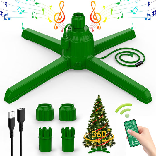 TAOQQI 360 Degree Rotating Christmas Tree Stand, Adjustable Spinning Christmas Tree Base for Up to 9.8FT and 130 Pounds Artificial Tree, Musical Christmas Tree Holder with Remote Control