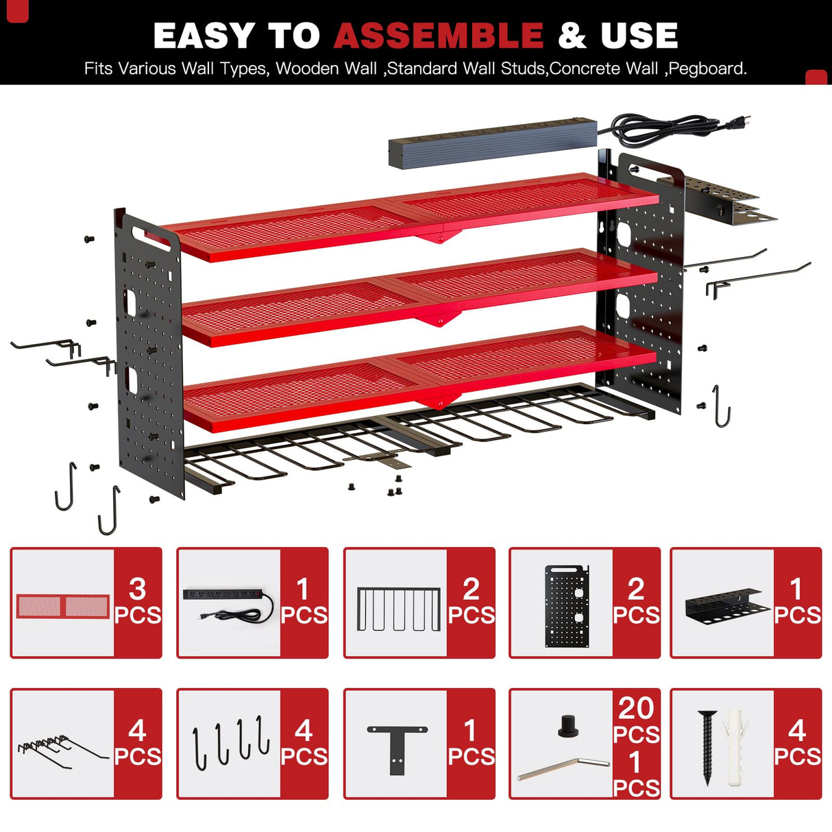 NattyDot Power Tool Organizer Wall Mount with Charging Station,Cordless Tool Organizer 8 Drill Holder, 4 Layer Storage Rack for Garage Organization,Tool Holder with 8 Outlet Power Strip (Red) NattyDot