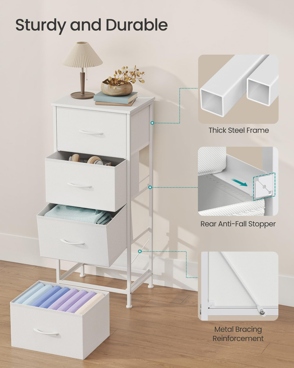 SONGMICS Dresser for Bedroom, Chest of Drawers, Steel, MDF, 4 Non-Woven Fabric Drawers, Storage Organizer Unit, Closet, Entryway, Cloud White and Snow White ULGS314W01S SONGMICS
