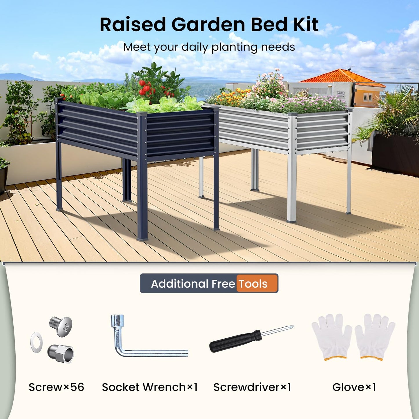 Keten Raised Garden Bed with Legs, 48×24×32in Outdoor Metal Galvanized Elevated Planter Box with Glove, Socket Wrench, Screwdriver for Vegetables, Flower, Backyard, Patio, Balcony (Dark Blue) - WoodArtSupply