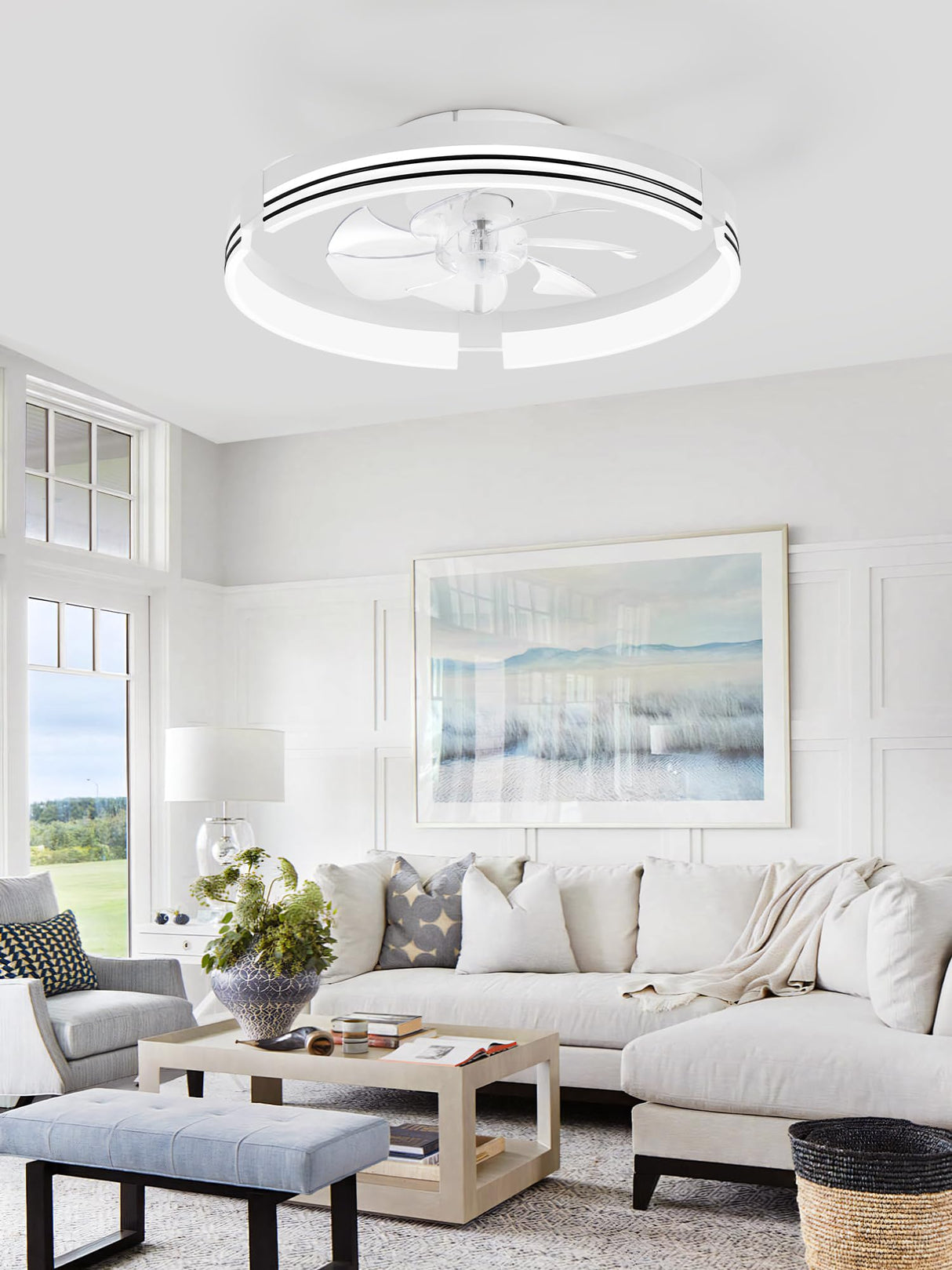 ZMISHIBO Low Profile Ceiling Fans with Lights and Remote, 20 Inch Flush Mount Ceiling Fan with Light, 3000K-6000K Dimmable Fandelier LED Fan Light, 6 Wind Speeds White Ceiling Fans for Bedroom ZMISHIBO