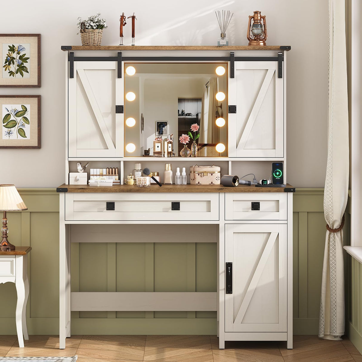 Farmhouse Vanity Desk with Mirror and Lights, 41" Sliding Door Makeup Vanity with Charging Station, Large Vanity Table with Drawers/Shelves/Cabinet Storage, Antique White MSmask