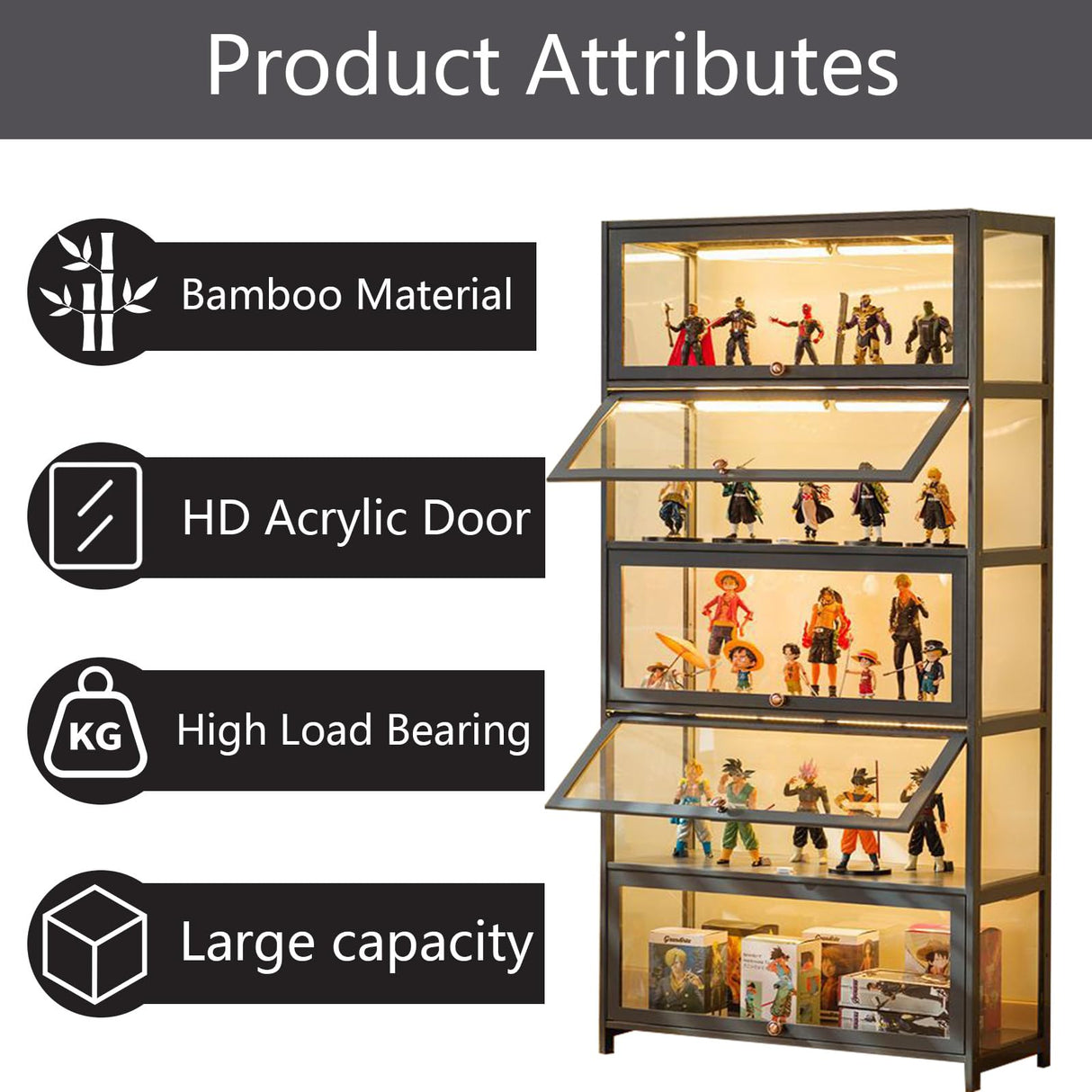 5-Tier Display Cabinet with Acrylic Doors, 67.5" Transparent Curio Display Case for Figures, Collectibles Toy Organizers Rack & Display Shelf, Kids Bookcase for Home, Office, Playroom, Living Room IHGSSKD