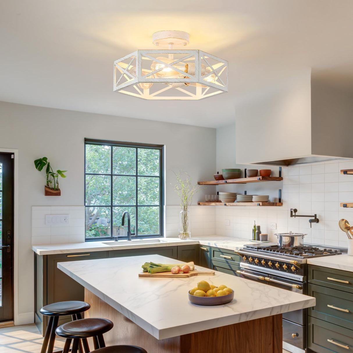 XSDeTu 3-Light Flush Mount Ceiling Light Fixture, Modern Close to Ceiling Light with White Metal Hexagon Cage, Farmhouse Ceiling Light for Bedroom, Hallway, Entry, Foyer, Kitchen XSDeTu