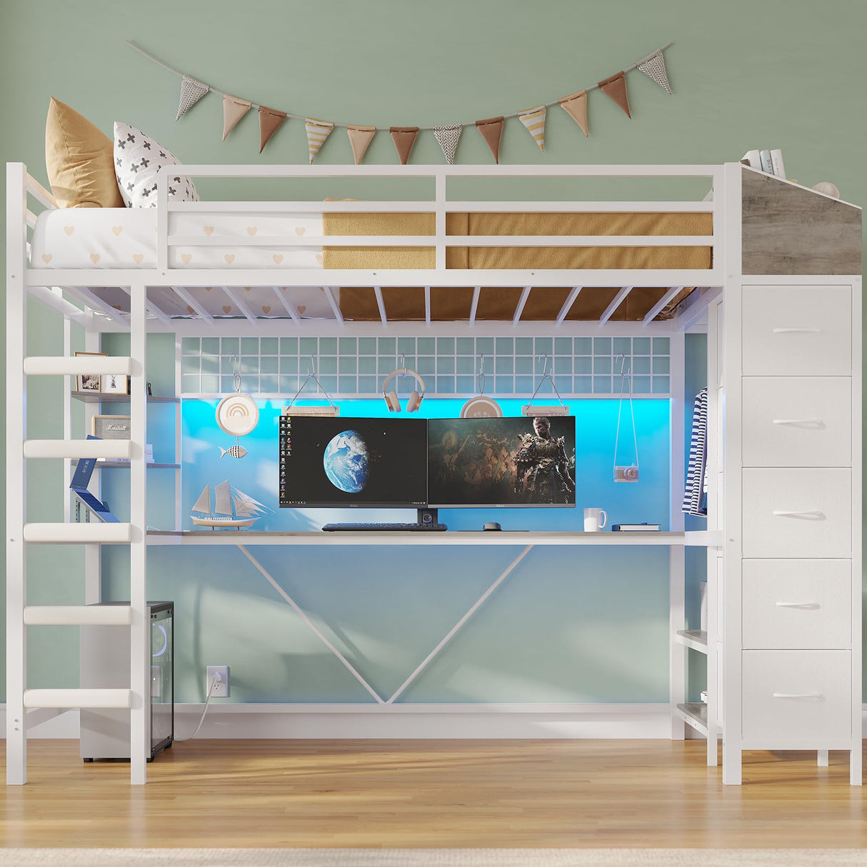VIAGDO Loft Bed Twin Size with Hall Tree, Charging Station and LED Lights, Twin Loft Bed with L-Shaped Desk, 5 Storage Drawers, Heavy Duty Twin Size Bed with Stairs, No Box Spring Needed, White VIAGDO