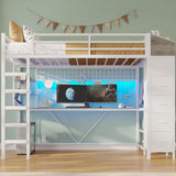 VIAGDO Loft Bed Twin Size with Hall Tree, Charging Station and LED Lights, Twin Loft Bed with L-Shaped Desk, 5 Storage Drawers, Heavy Duty Twin Size Bed with Stairs, No Box Spring Needed, White VIAGDO