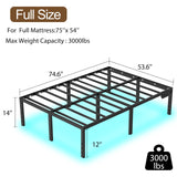 Full Size Bed Frame with LED Lights 14 Inch Platform Bed Frame Full with Charging Station Black Metal Mattress Foundation no Box Spring Needed Led Bed with Large Storage Space,Anti-Noise(Full) HusDream