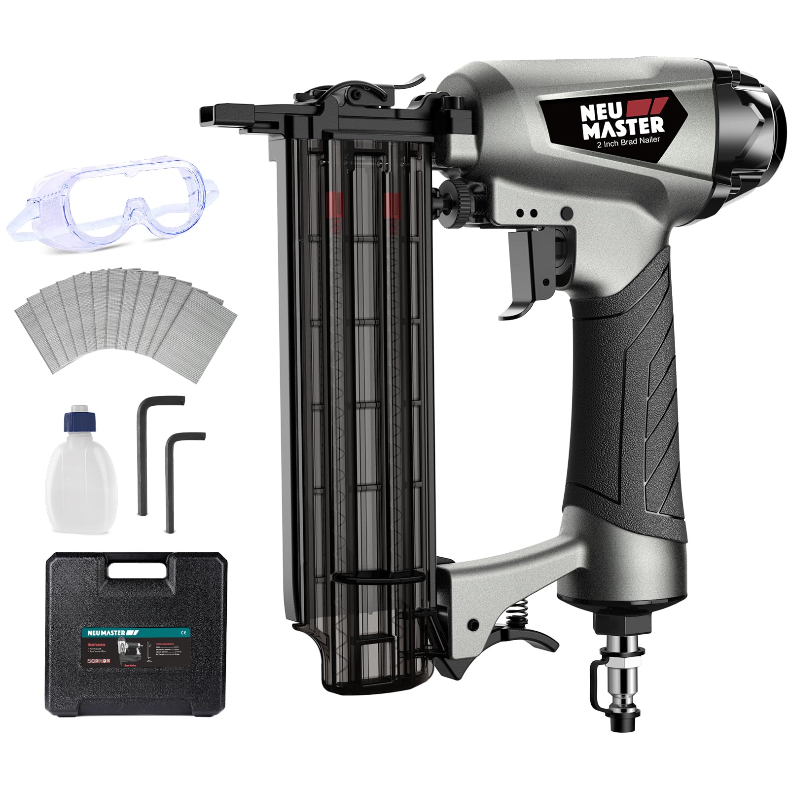 NEU MASTER Pneumatic Brad Nailer, 18 Gauge Nail Gun Fires 5/8-Inch to 2-Inch Brad Nails with Carrying Case, Safety Glasses, 800pcs Nails - WoodArtSupply