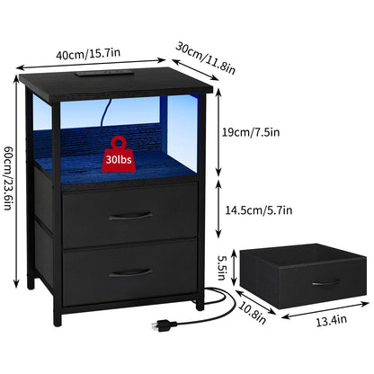 Fixwal Night Stand with Charging Station, LED Nightstand with USB Ports and Outlets, 2 Fabric Storage Drawers with PU Finish, Bed Side Table for Bedroom, Living Room, Black - WoodArtSupply