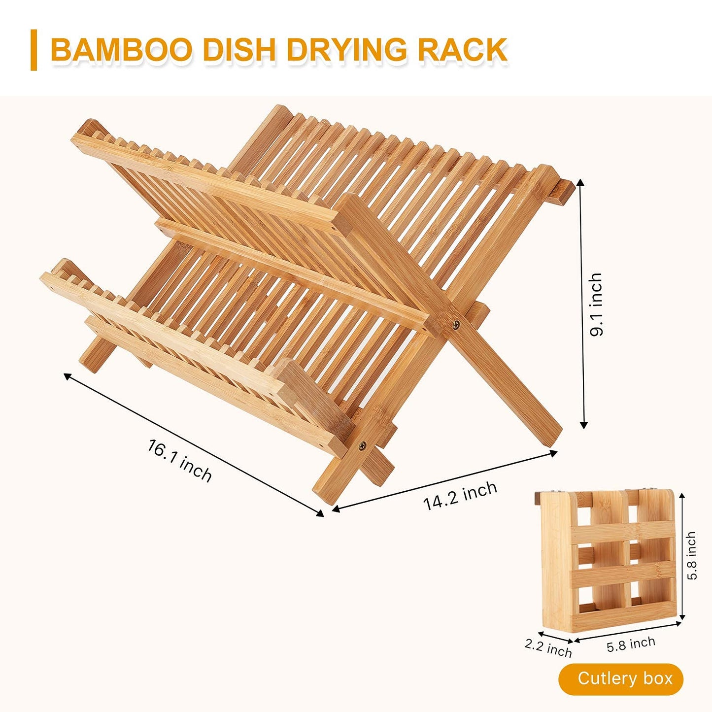 Worthyeah Bamboo Dish Drying Rack, 2 Tier Collapsible Dish Rack with Utensil Holder, Wooden Dish Drying Rack for Kitchen Counter, Large Folding Drying Holder, Dish Drainer