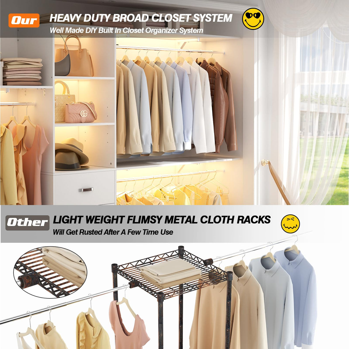 Armocity 120 Inches Closet System, 10FT Walk In Closet Organizer with 3 Shelving Towers, Heavy Duty Clothes Rack with 3 Drawers, Built-In Garment Rack, 120" L x 16" W x 75" H, Max Load 1300 LBS, White armocity