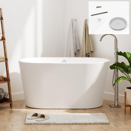 FerdY Shangri-La 47" Acrylic Freestanding Bathtub, Small Classic Oval Shape Acrylic Soaking Bathtub with Chrome Drain & Minimalist Linear Design Overflow, Modern White, cUPC Certified FerdY
