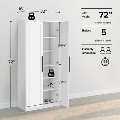 Prepac Elite Premium Home Doors, Storage, Bathroom, Pantry Cabinet with 5 Shelves, 16" D x 32" W x 72" H, White