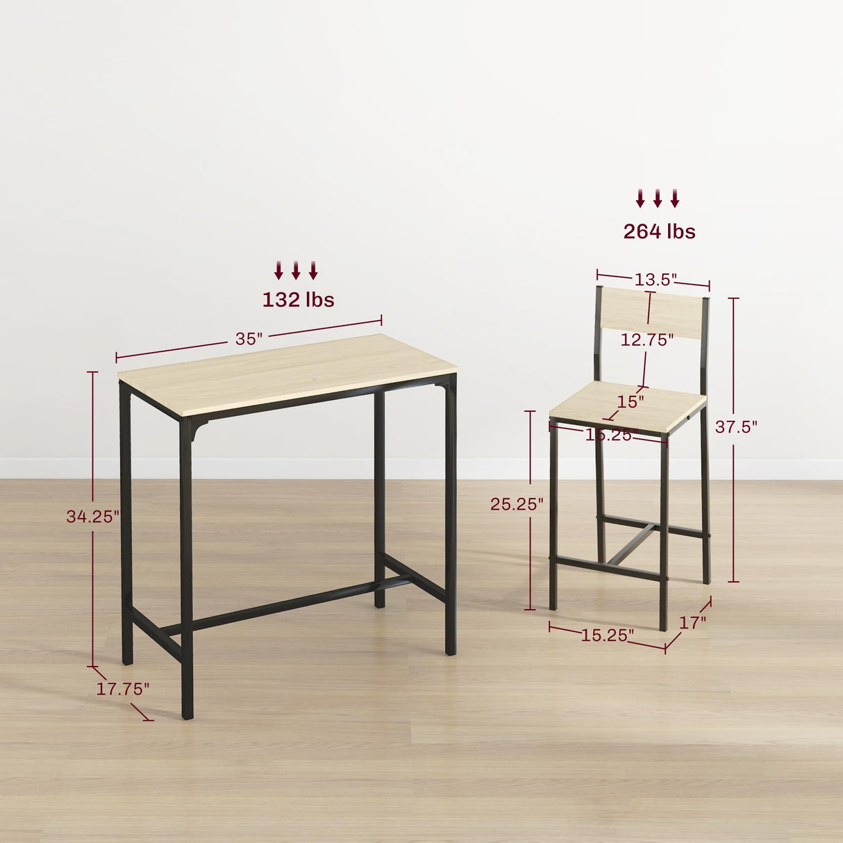 HOMCOM 3 Piece Bar Table and Chairs, Industrial Dining Table Set for 2, Counter Height Kitchen Table with Bar Stools, Breakfast Table Set for 2 for Small Space, Oak HOMCOM