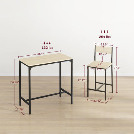 HOMCOM 3 Piece Bar Table and Chairs, Industrial Dining Table Set for 2, Counter Height Kitchen Table with Bar Stools, Breakfast Table Set for 2 for Small Space, Oak HOMCOM