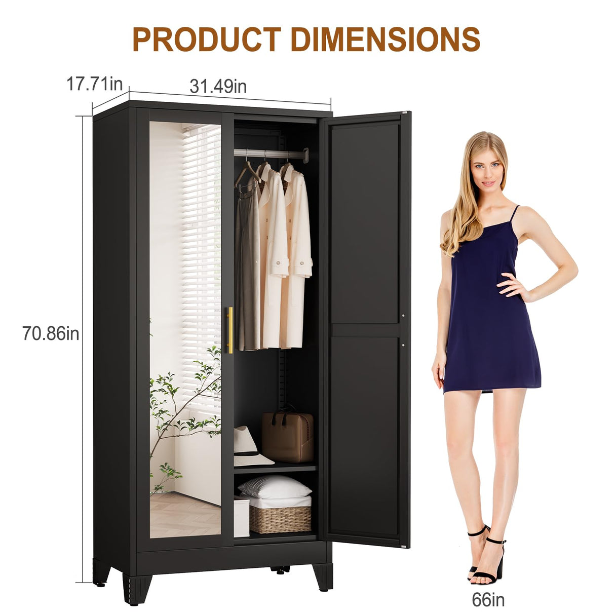 baoliwo Metal Armoire Wardrobe Closet Storage Cabinet with Mirror, 71'' Wardrobe Cabinet with Hanging Rod Metal Closet with 2 Adjustable Shelves for Bedroom, Laundry Room, Cloak Room baoliwo