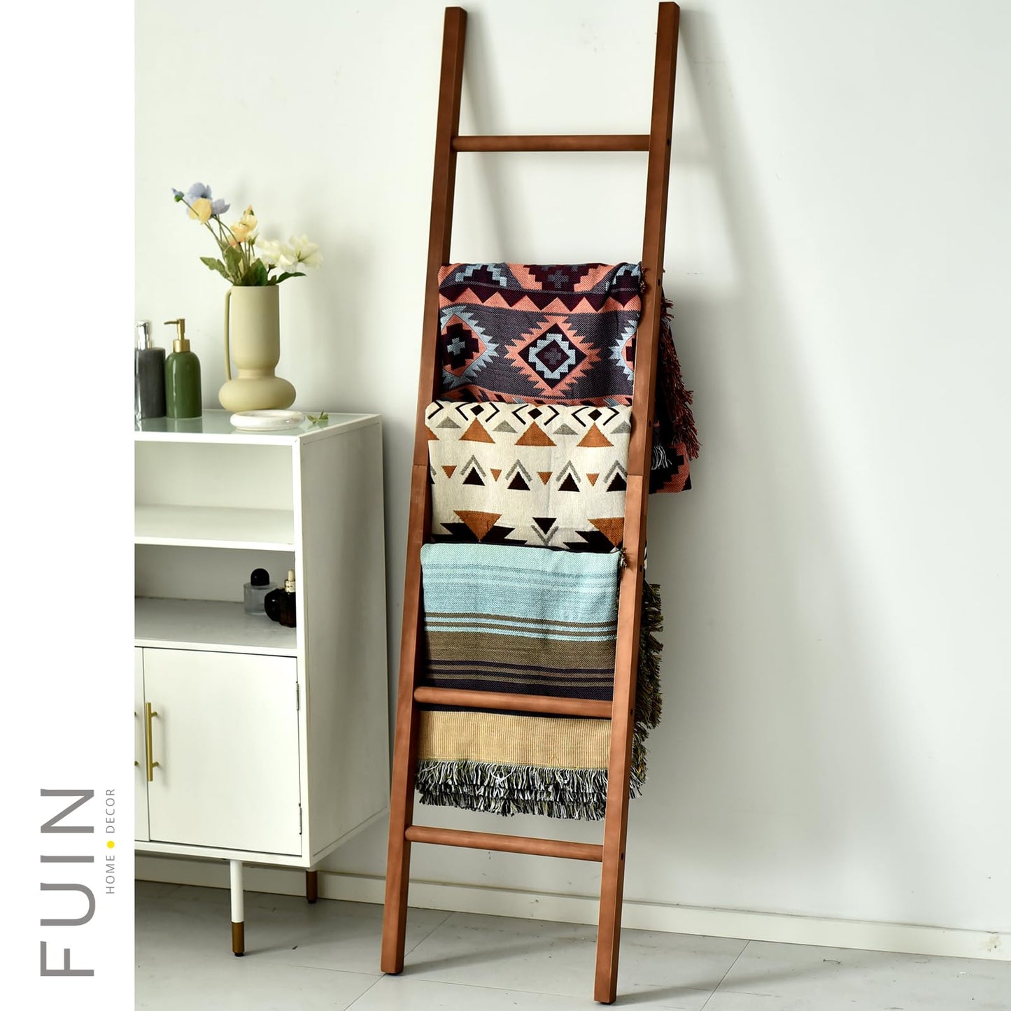 FUIN 6ft Wooden Brown Blanket Ladder Living Room Decorative Wall Leaning Farmhouse Quilt Display Holder Rustic Wood Towel Rack for Bathroom