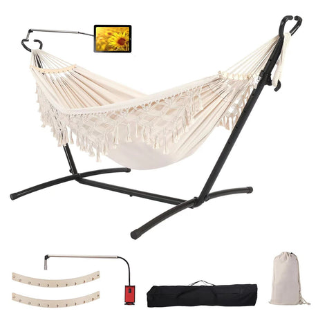 SXSEAGLE Double Hammock with Stand Upgraded Phone Holder Portable Heavy Duty Stainless Steel Indoor Outdoor Patio Yard Beach with Carrying Case （2022 Beige） SXSEAGLE