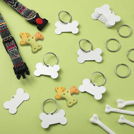 Hotop 16 Pieces Sublimation Blank Dog Tags Aluminum Pet ID Tags Bone Shaped Pet Name Tags Double Sided Dog Collar Tags with 16 Pieces Key Rings for Dogs and Cats Hotop
