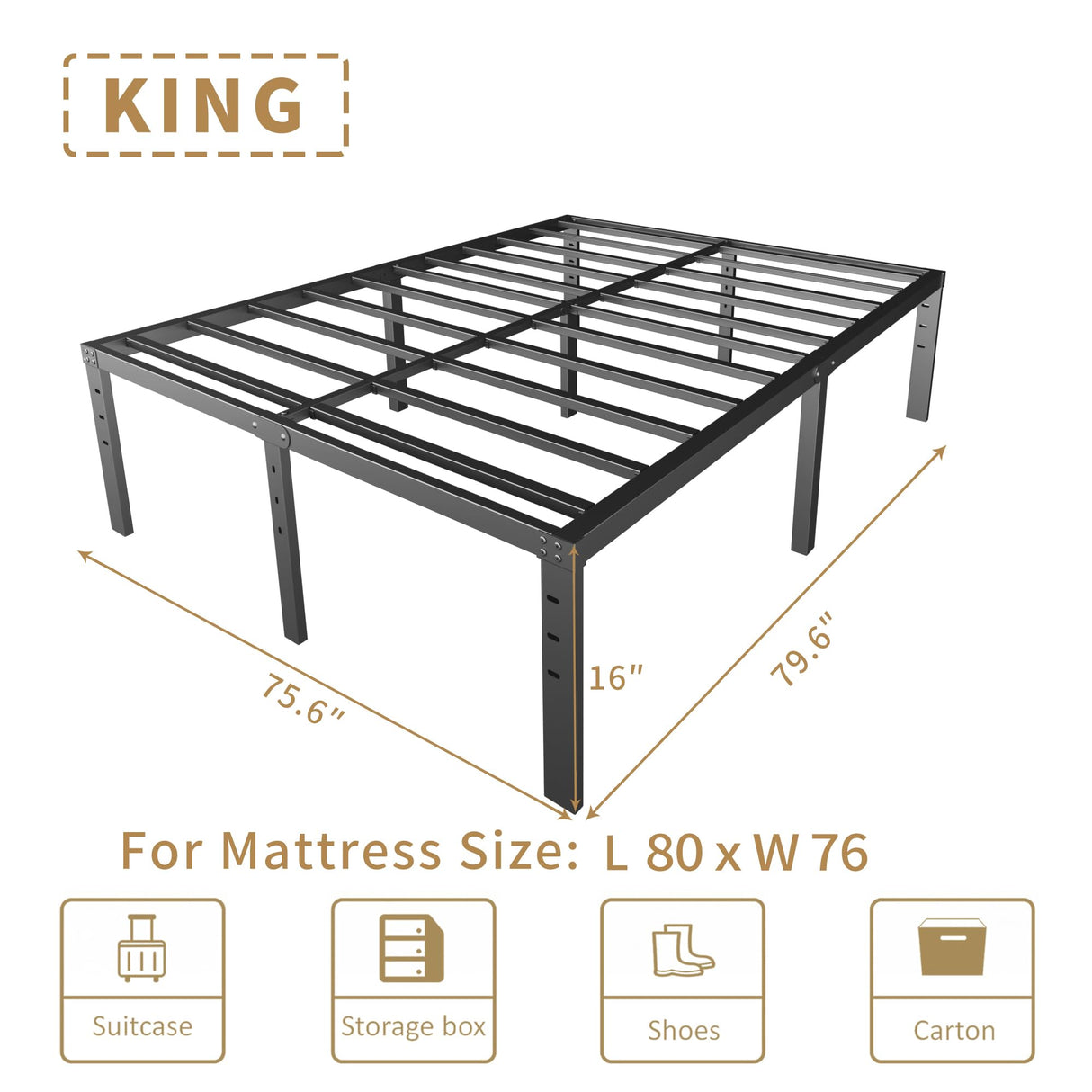 HOBINCHE 16 Inch King Size Bed Frame - No Box Spring Needed Heavy Duty Black Metal Platform Mattress Foundation, Non-Slip Noise Free Easy Assembly Steel Slats Bedframes with Cleance Storage HOBINCHE