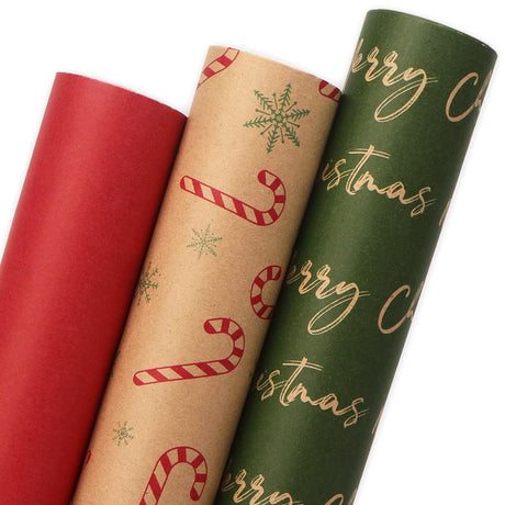 Ribbli Christmas Wrapping Paper, 3 Rolls Brown Red Green Kraft Vintage Wrapping Paper Rolls, Candy Cane Christmas Printed Assortment, Mini Roll 17 inch x 120 inch(10feet) Per Roll Ribbli