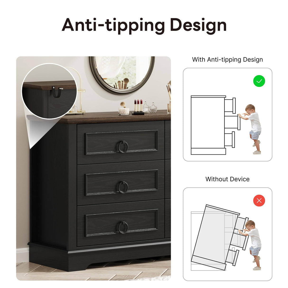 LIKIMIO Farmhouse 6 Drawers Dresser for Bedroom, 47.2" W Modern Dresser with Round Metal Handle, Thickened Desktop, Wood Rustic Chest of Drawers for Bedroom, Hallway, Entryway, Black LIKIMIO