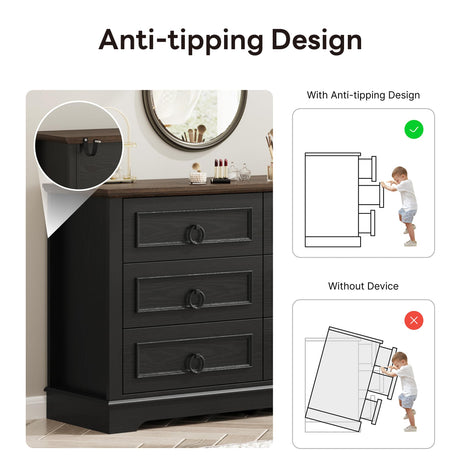LIKIMIO Farmhouse 6 Drawers Dresser for Bedroom, 47.2" W Modern Dresser with Round Metal Handle, Thickened Desktop, Wood Rustic Chest of Drawers for Bedroom, Hallway, Entryway, Black LIKIMIO