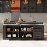 WOODTIME 94.5" W Stationary Kitchen Island Storage Cabinet with Built-in Power Outlet, 2 Countertop, Adjustable Shelves & 3 Drawers for Dining Room, Black & Marble Grain WOODTIME