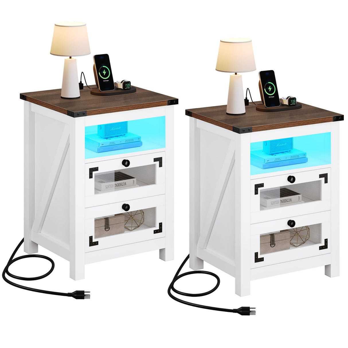 YITAHOME Farmhouse Nightstand with Charging Station, 2 Drawers Night Stand with LED Lights, Wood End Table Side Table with Storage, Walnu + White YITAHOME