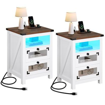 YITAHOME Farmhouse Nightstand with Charging Station, 2 Drawers Night Stand with LED Lights, Wood End Table Side Table with Storage, Walnu + White