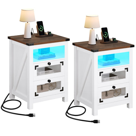 YITAHOME Farmhouse Nightstand with Charging Station, 2 Drawers Night Stand with LED Lights, Wood End Table Side Table with Storage, Walnu + White YITAHOME